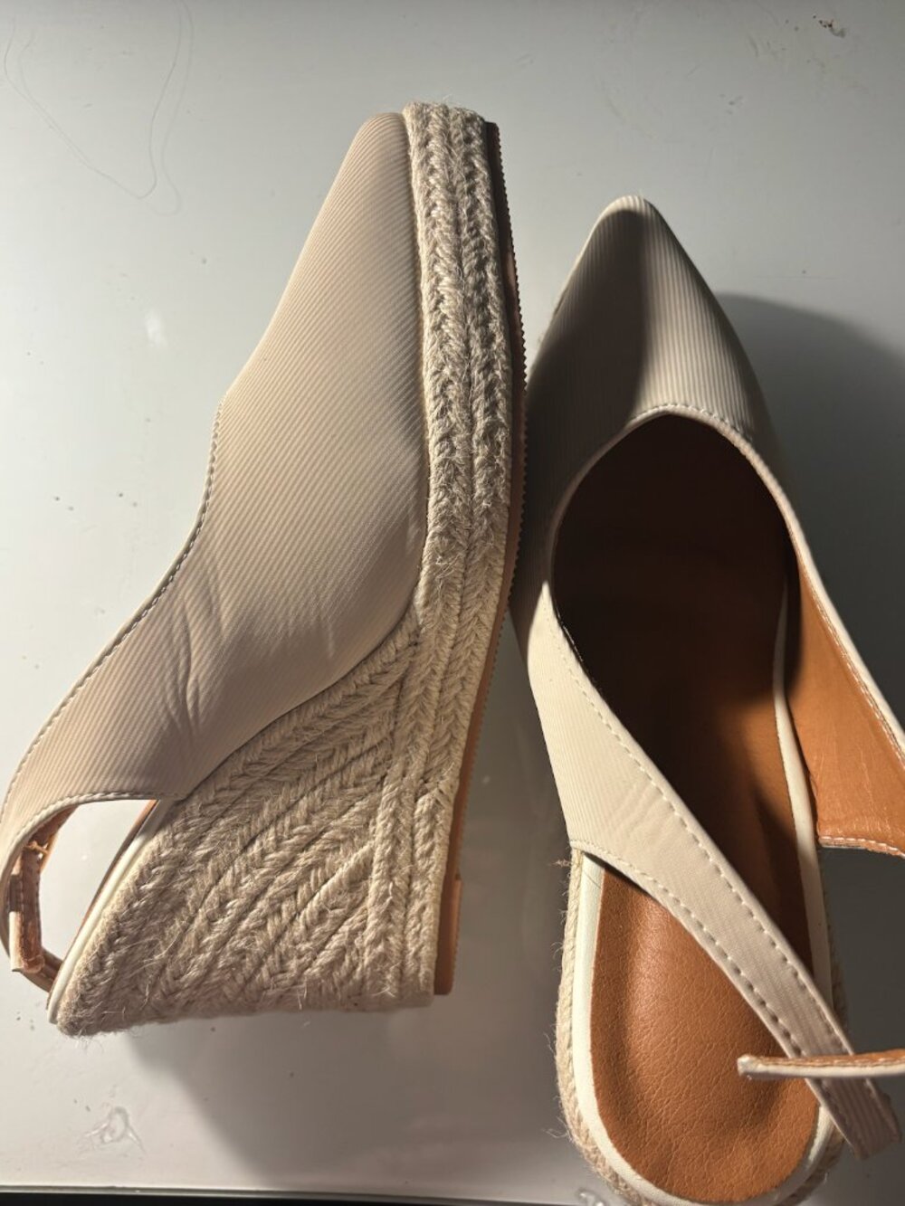 Beige Pointed-Toe Slingback Espadrille Wedges